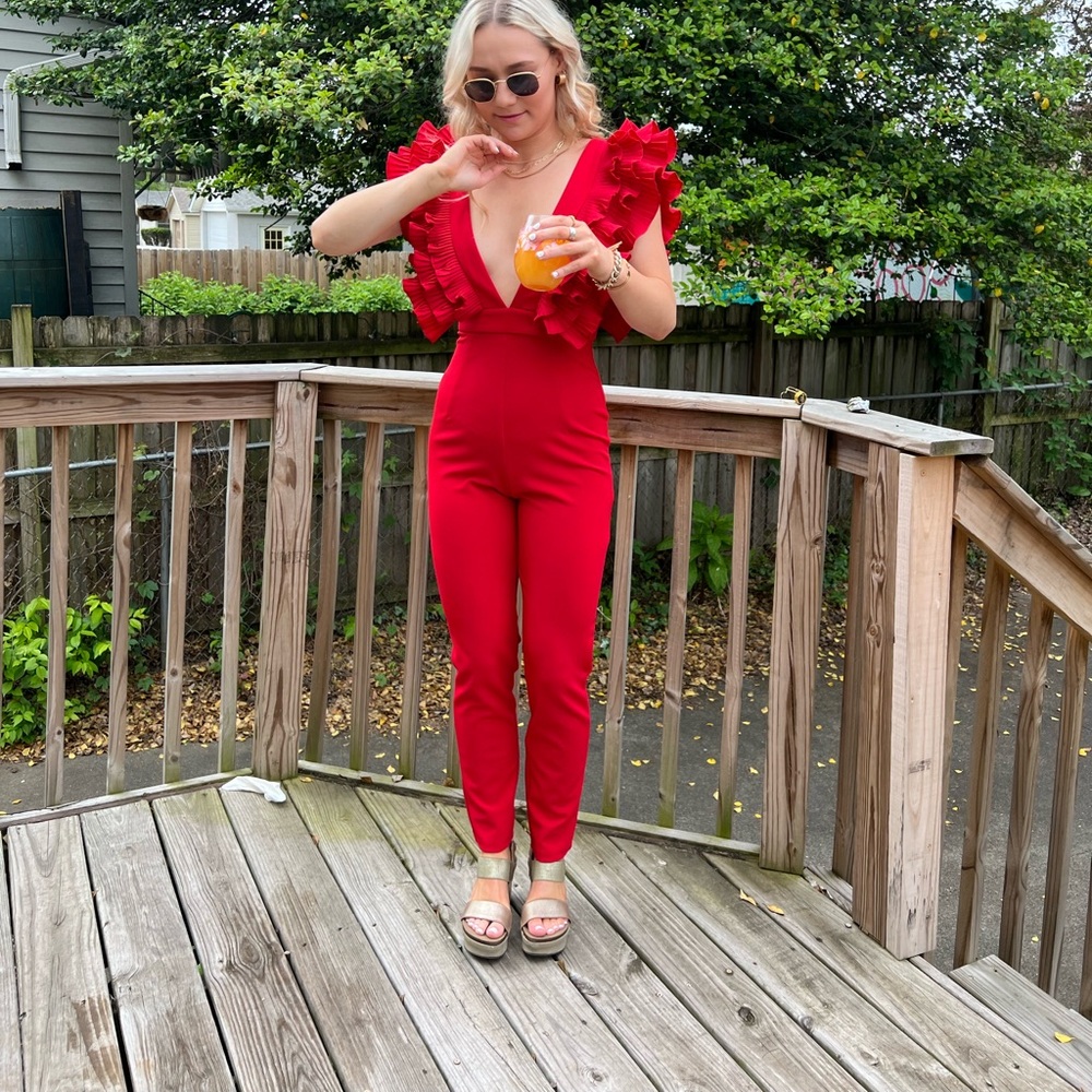 Ina Red Ruffle V-Neck Jumpsuit - Picture 5 of 6